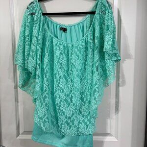 Love Lace Overlay Short Sleeve Blouse Mint Green 4X